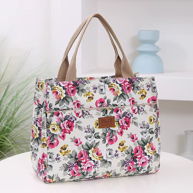 Stylish Floral Tote Bag - Versatile Canvas Lunch Bag & Mommy Bag for Travel and Picnics