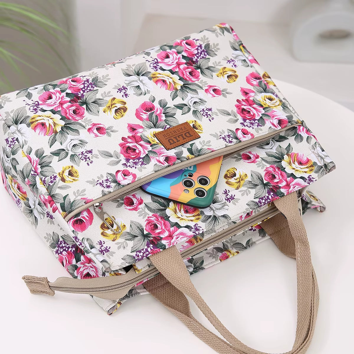 Stylish Floral Tote Bag - Versatile Canvas Lunch Bag & Mommy Bag for Travel and Picnics