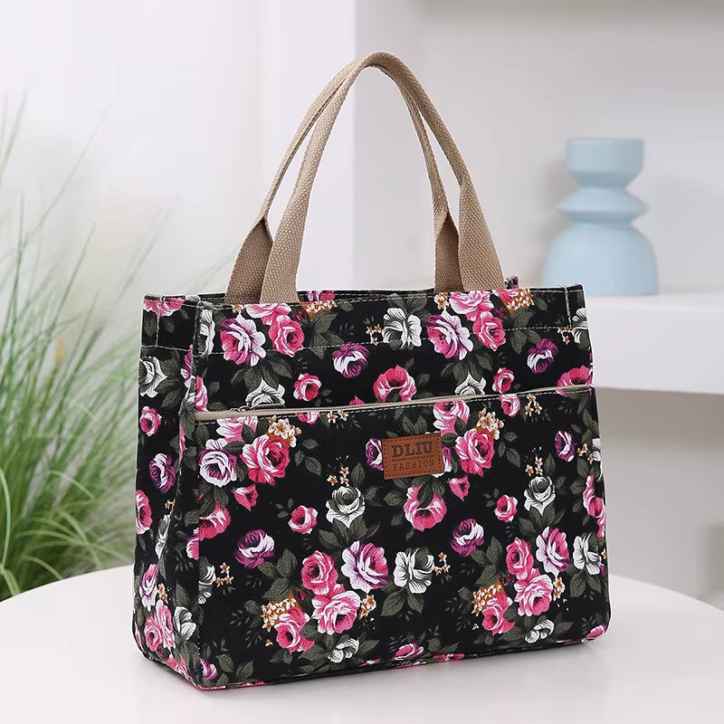 Stylish Floral Tote Bag - Versatile Canvas Lunch Bag & Mommy Bag for Travel and Picnics