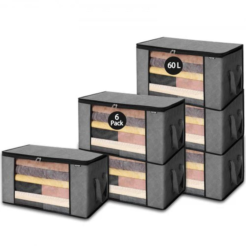 Oversized 60L Blanket Storage Bags – 6 Pack Sturdy Fabric Containers for King Comforters, Bedding & Pillows – Stylish Grey