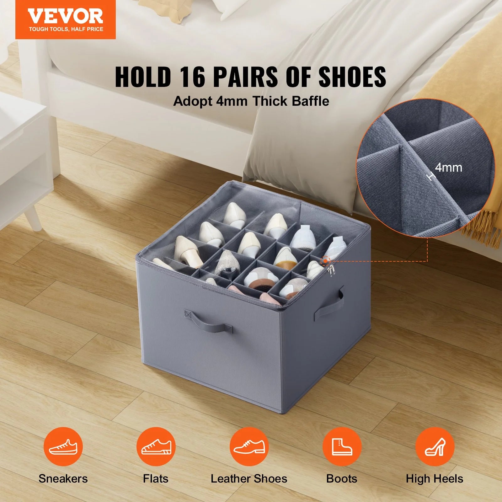 Vevor Sturdy under Bed Shoe Storage Organizer, Adjustable Dividers Fit 16 Pairs, Shoe Storage Organizer for Closet Organization with Clear Cover, Shoe Rack & Basket, for Closet, Entryway, Trunk, L17X W17X H12.4, Grey