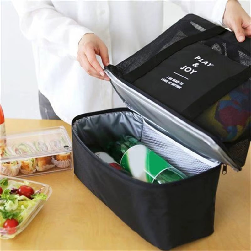 Versatile High Capacity Women's Mesh Tote - Double-Layer Heat Retention Beach & Picnic Bag for Lunch & Snacks