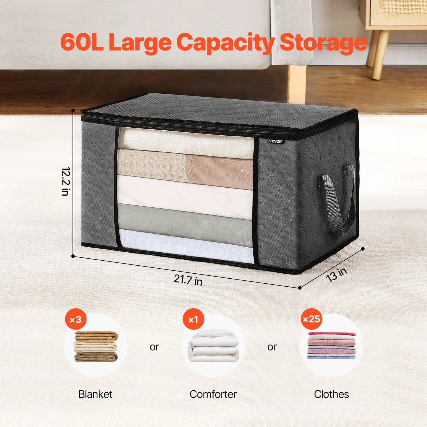 Oversized 60L Blanket Storage Bags – 6 Pack Sturdy Fabric Containers for King Comforters, Bedding & Pillows – Stylish Grey