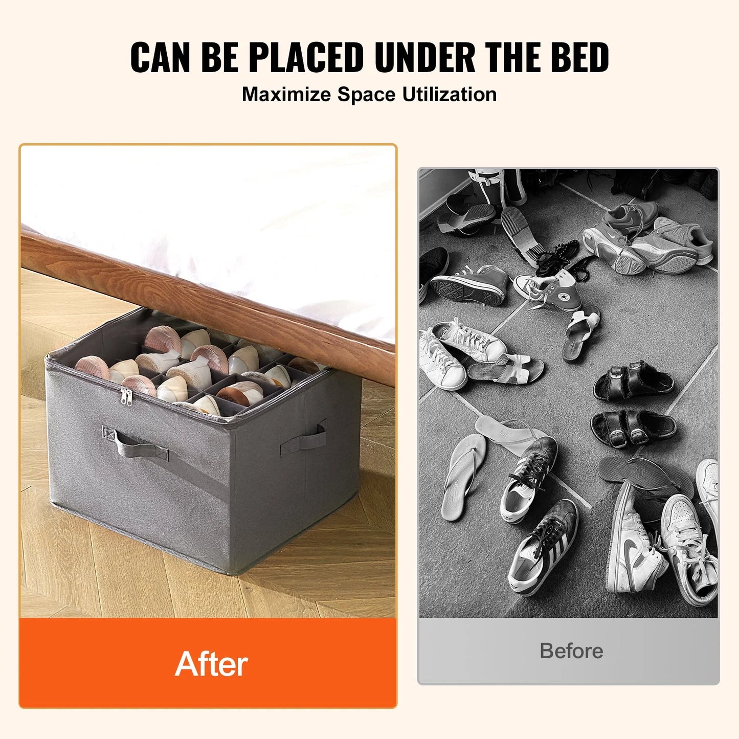Vevor Sturdy under Bed Shoe Storage Organizer, Adjustable Dividers Fit 16 Pairs, Shoe Storage Organizer for Closet Organization with Clear Cover, Shoe Rack & Basket, for Closet, Entryway, Trunk, L17X W17X H12.4, Grey