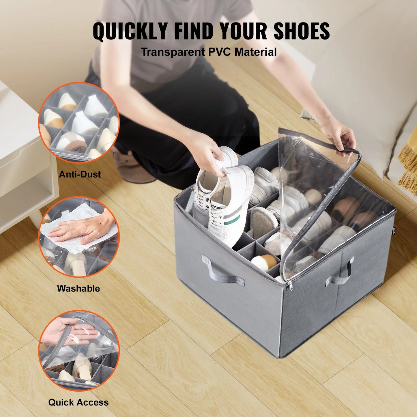 Vevor Sturdy under Bed Shoe Storage Organizer, Adjustable Dividers Fit 16 Pairs, Shoe Storage Organizer for Closet Organization with Clear Cover, Shoe Rack & Basket, for Closet, Entryway, Trunk, L17X W17X H12.4, Grey