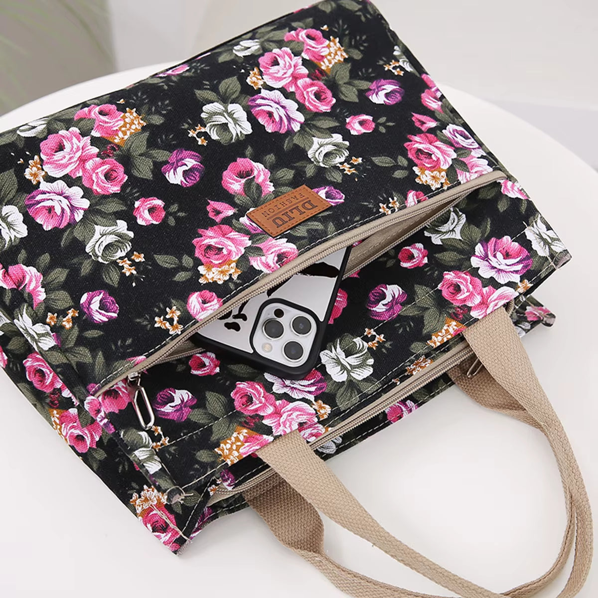 Stylish Floral Tote Bag - Versatile Canvas Lunch Bag & Mommy Bag for Travel and Picnics