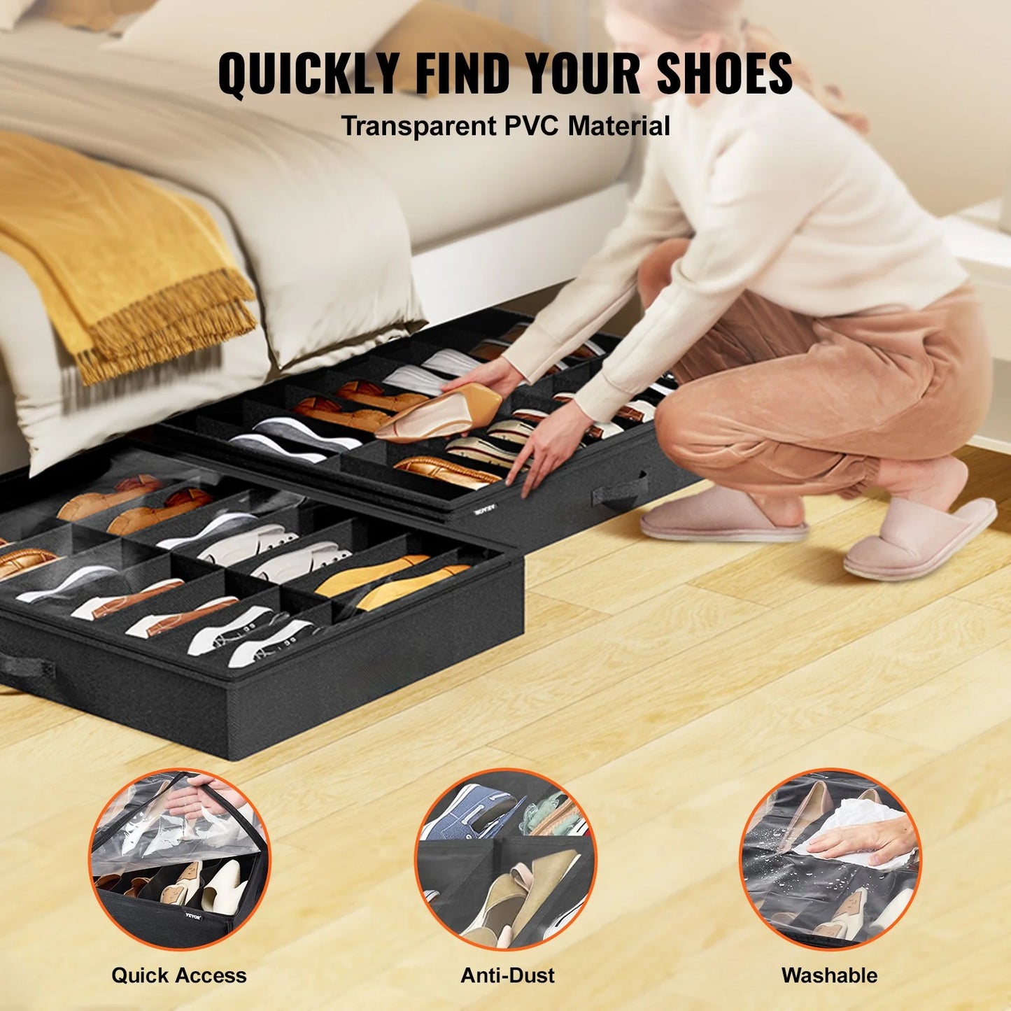 Vevor Sturdy under Bed Shoe Storage Organizer, Set of 2, Fit 32 Pairs, Underbed Shoes Closet Storage Solution with Clear Window, Breathable, L31.5X W23.6X H5.9, Black