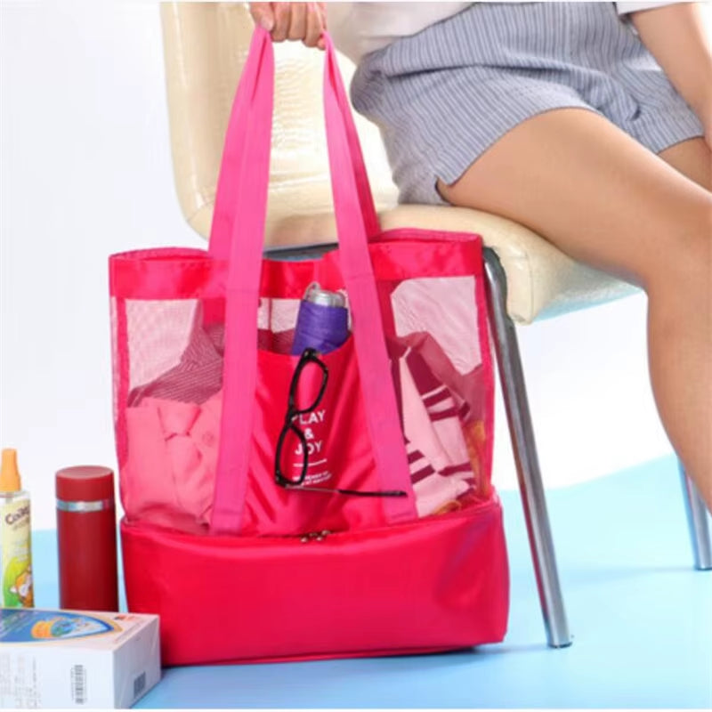Versatile High Capacity Women's Mesh Tote - Double-Layer Heat Retention Beach & Picnic Bag for Lunch & Snacks