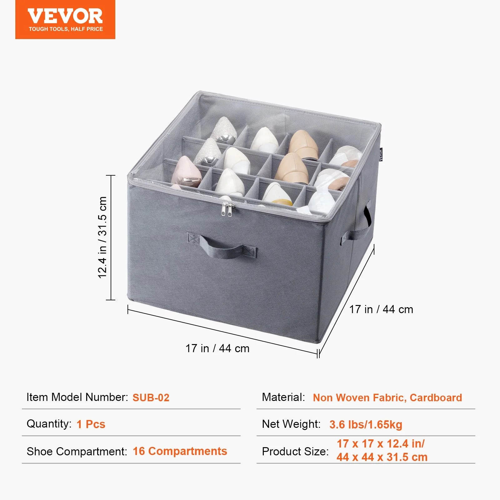 Vevor Sturdy under Bed Shoe Storage Organizer, Adjustable Dividers Fit 16 Pairs, Shoe Storage Organizer for Closet Organization with Clear Cover, Shoe Rack & Basket, for Closet, Entryway, Trunk, L17X W17X H12.4, Grey