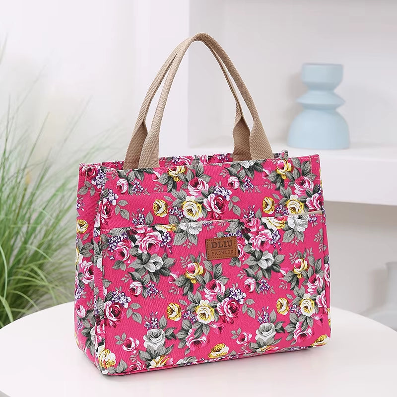 Stylish Floral Tote Bag - Versatile Canvas Lunch Bag & Mommy Bag for Travel and Picnics