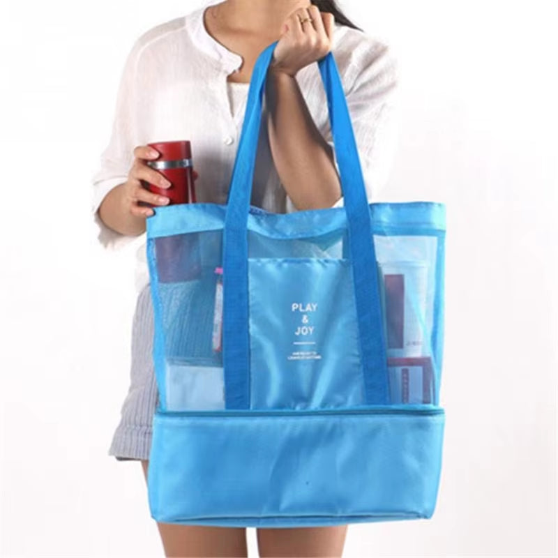 Versatile High Capacity Women's Mesh Tote - Double-Layer Heat Retention Beach & Picnic Bag for Lunch & Snacks
