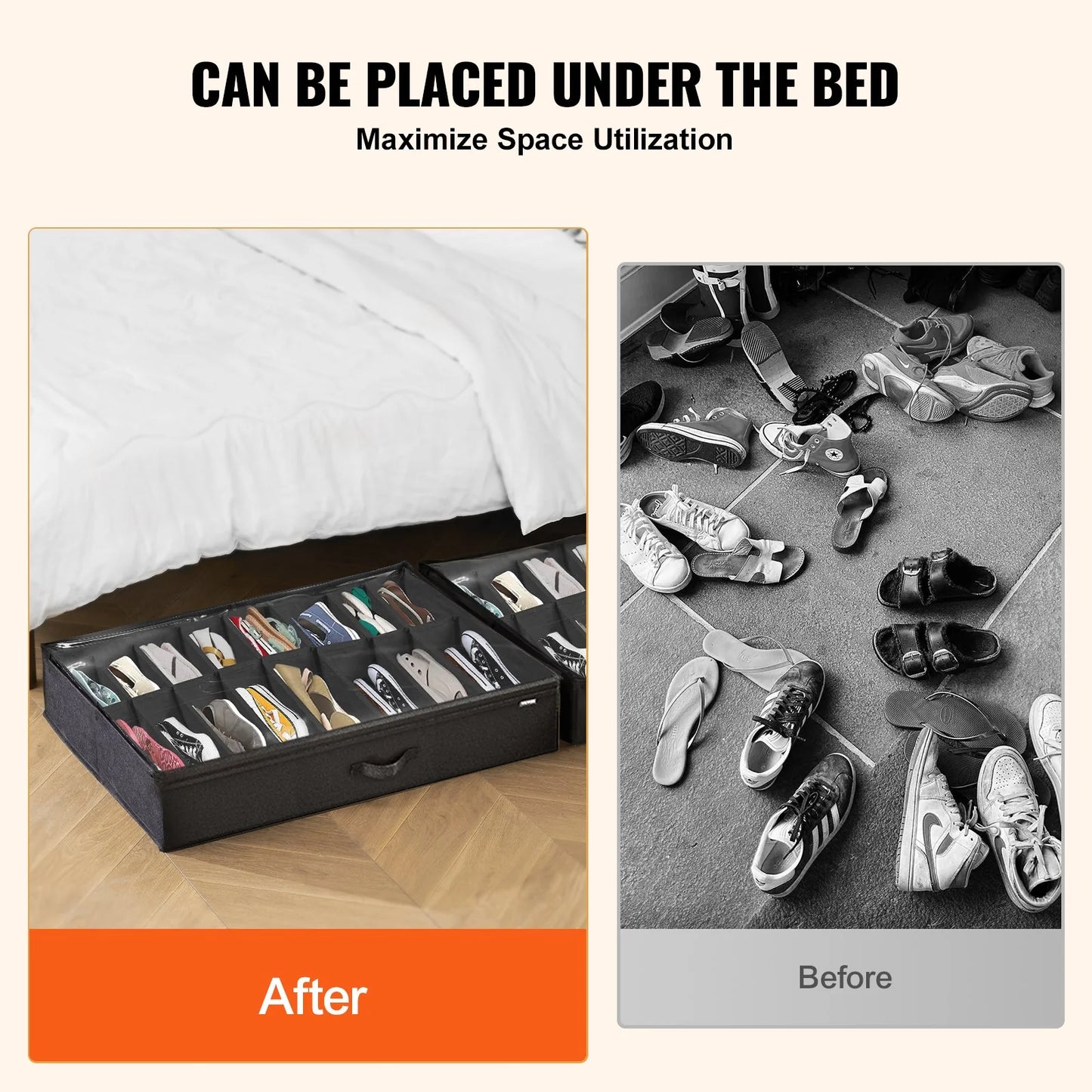 Vevor Sturdy under Bed Shoe Storage Organizer, Set of 2, Fit 32 Pairs, Underbed Shoes Closet Storage Solution with Clear Window, Breathable, L31.5X W23.6X H5.9, Black