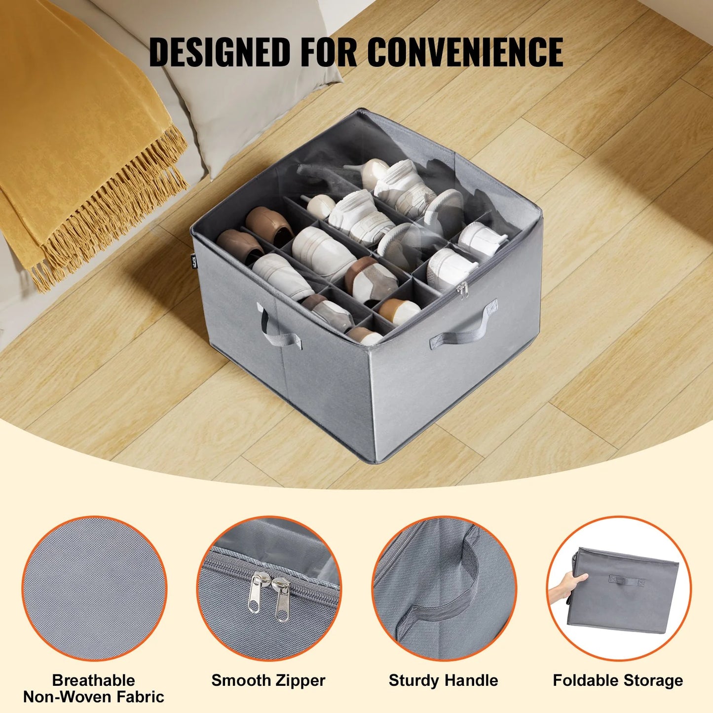 Vevor Sturdy under Bed Shoe Storage Organizer, Adjustable Dividers Fit 16 Pairs, Shoe Storage Organizer for Closet Organization with Clear Cover, Shoe Rack & Basket, for Closet, Entryway, Trunk, L17X W17X H12.4, Grey