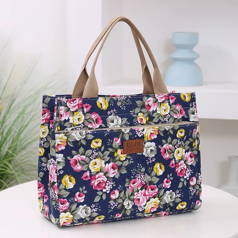 Stylish Floral Tote Bag - Versatile Canvas Lunch Bag & Mommy Bag for Travel and Picnics