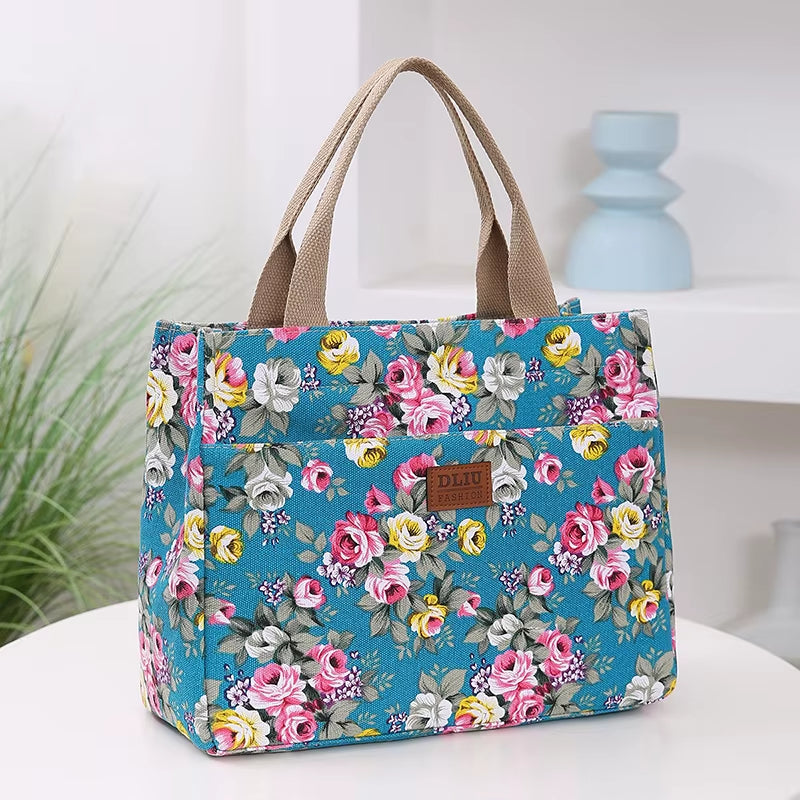 Stylish Floral Tote Bag - Versatile Canvas Lunch Bag & Mommy Bag for Travel and Picnics