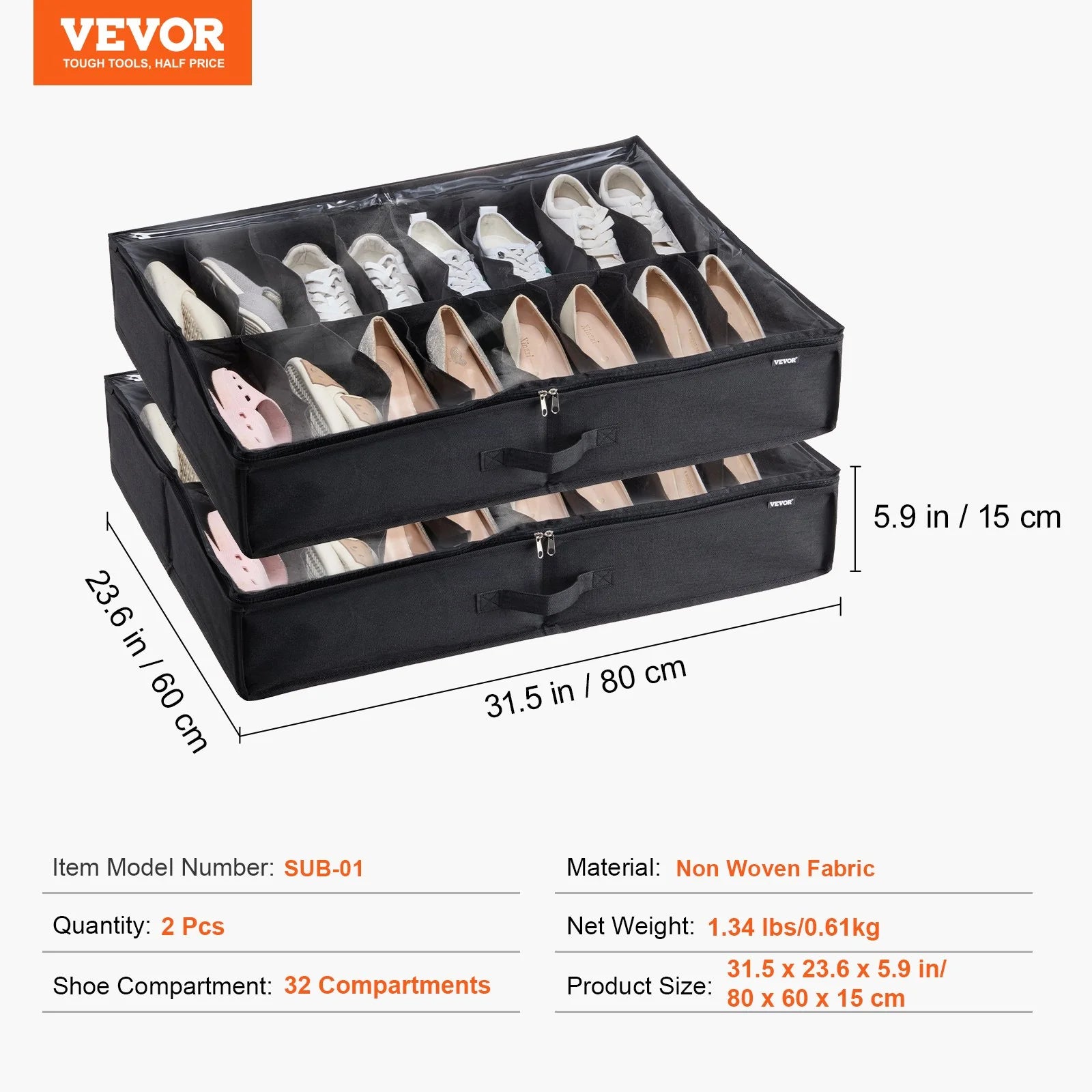 Vevor Sturdy under Bed Shoe Storage Organizer, Set of 2, Fit 32 Pairs, Underbed Shoes Closet Storage Solution with Clear Window, Breathable, L31.5X W23.6X H5.9, Black