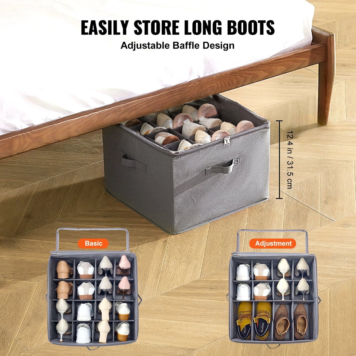 Vevor Sturdy under Bed Shoe Storage Organizer, Adjustable Dividers Fit 16 Pairs, Shoe Storage Organizer for Closet Organization with Clear Cover, Shoe Rack & Basket, for Closet, Entryway, Trunk, L17X W17X H12.4, Grey