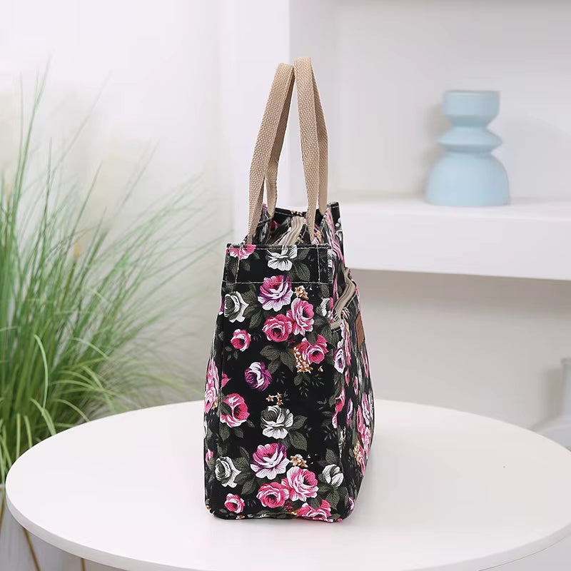 Stylish Floral Tote Bag - Versatile Canvas Lunch Bag & Mommy Bag for Travel and Picnics