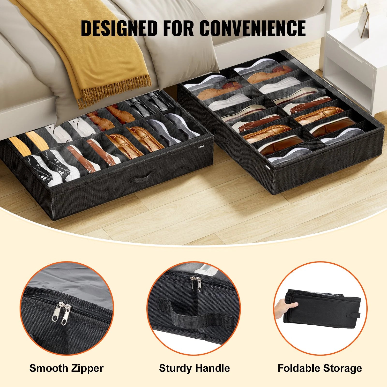 Vevor Sturdy under Bed Shoe Storage Organizer, Set of 2, Fit 32 Pairs, Underbed Shoes Closet Storage Solution with Clear Window, Breathable, L31.5X W23.6X H5.9, Black