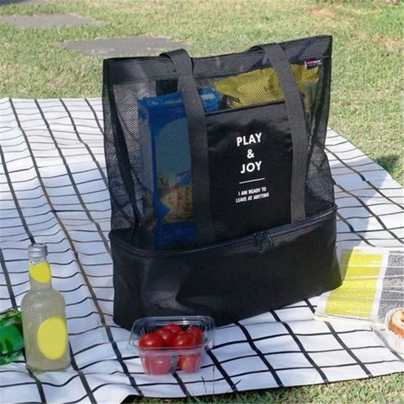 Versatile High Capacity Women's Mesh Tote - Double-Layer Heat Retention Beach & Picnic Bag for Lunch & Snacks