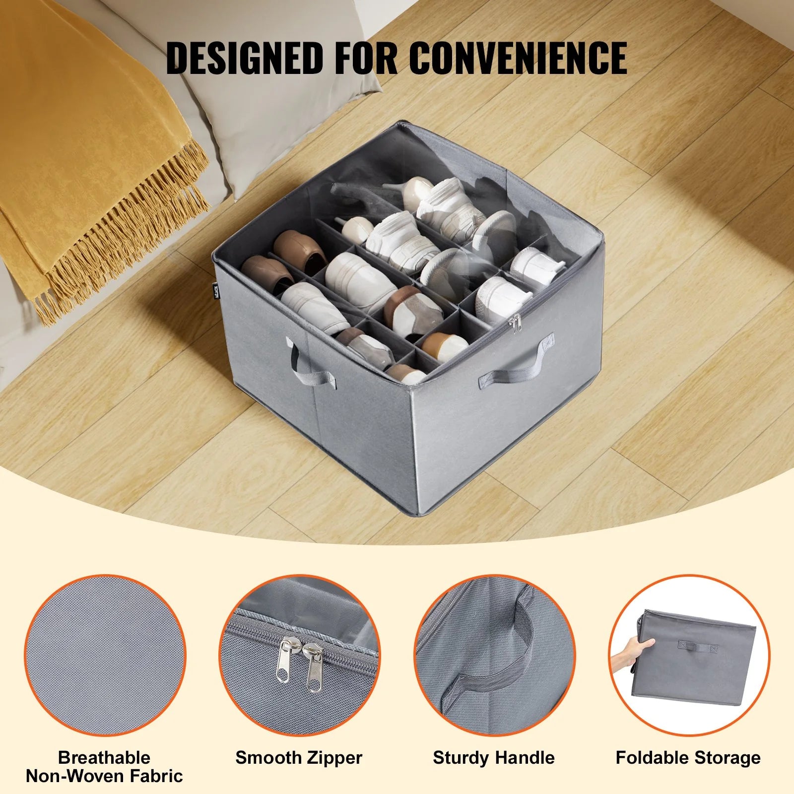 Vevor Sturdy under Bed Shoe Storage Organizer, Adjustable Dividers Fit 16 Pairs, Shoe Storage Organizer for Closet Organization with Clear Cover, Shoe Rack & Basket, for Closet, Entryway, Trunk, L17X W17X H12.4, Grey